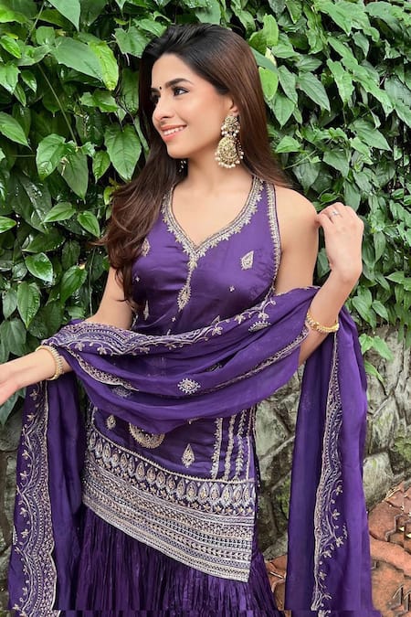 Shop_Saahiil Kapoor_Purple Chanderi, Silk, Organza Sequins, Zari Zeba Embroidered Kurta Gharara Set 