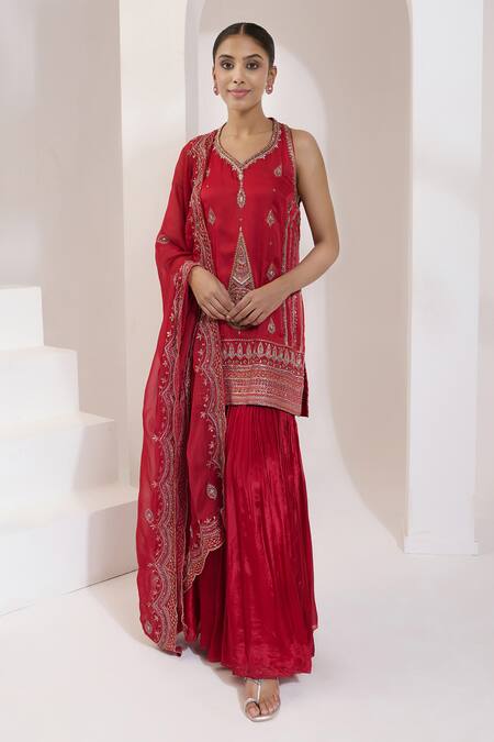 Saahiil Kapoor_Red Chanderi, Silk, Organza Sequins, Zari, Zeba Zardozi Kurta Gharara Set _Online_at_Aza_Fashions