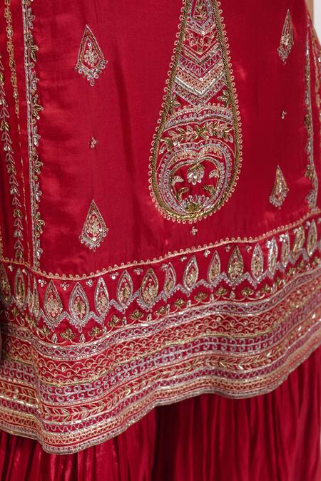 Buy_Saahiil Kapoor_Red Chanderi, Silk, Organza Sequins, Zari, Zeba Zardozi Kurta Gharara Set 