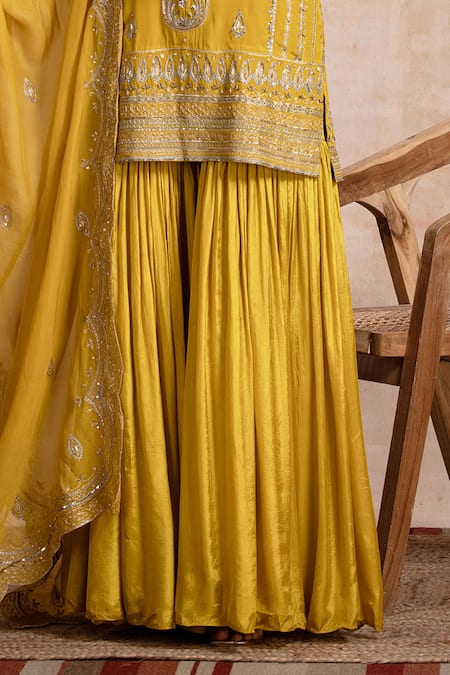 Buy_Saahiil Kapoor_Yellow Chanderi, Silk, Organza Sequins, Zari, Zeba Kurta Gharara Set _Online_at_Aza_Fashions
