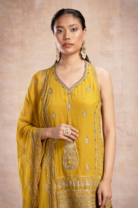 Shop_Saahiil Kapoor_Yellow Chanderi, Silk, Organza Sequins, Zari, Zeba Kurta Gharara Set _Online_at_Aza_Fashions