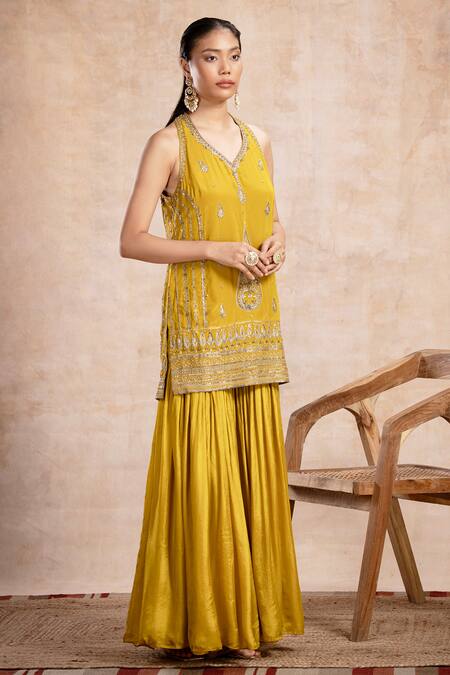 Saahiil Kapoor_Yellow Chanderi, Silk, Organza Sequins, Zari, Zeba Kurta Gharara Set _at_Aza_Fashions