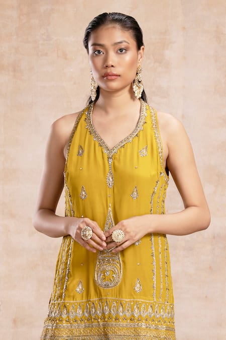 Buy_Saahiil Kapoor_Yellow Chanderi, Silk, Organza Sequins, Zari, Zeba Kurta Gharara Set 