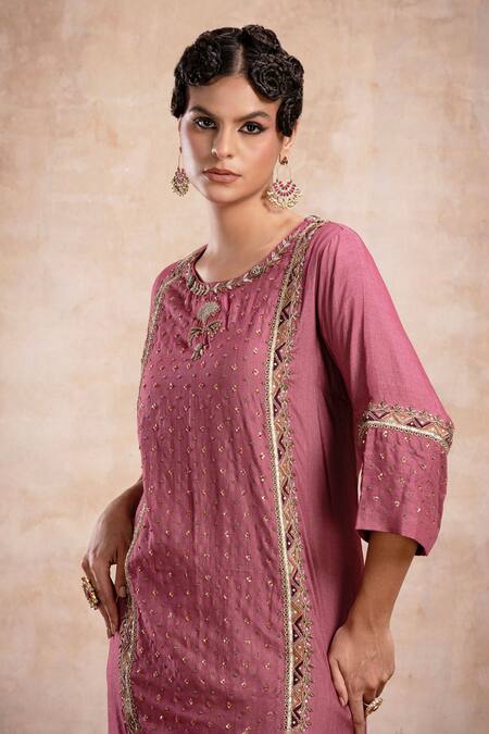 Shop_Saahiil Kapoor_Purple Chanderi Silk, Organza Sequins, Zari Zeena Embroidered Choga Kurta Set _Online_at_Aza_Fashions