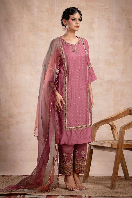 Saahiil Kapoor_Purple Chanderi Silk, Organza Sequins, Zari Zeena Embroidered Choga Kurta Set _at_Aza_Fashions