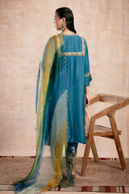 Shop Saahiil Kapoor Blue Chanderi Silk, Organza Sequins, Zari Zeena Embroidered Choga Kurta Set at Aza Fashions Shop_Saahiil Kapoor_Blue Chanderi Silk, Organza Sequins, Zari Zeena Embroidered Choga Kurta Set _at_Aza_Fashions