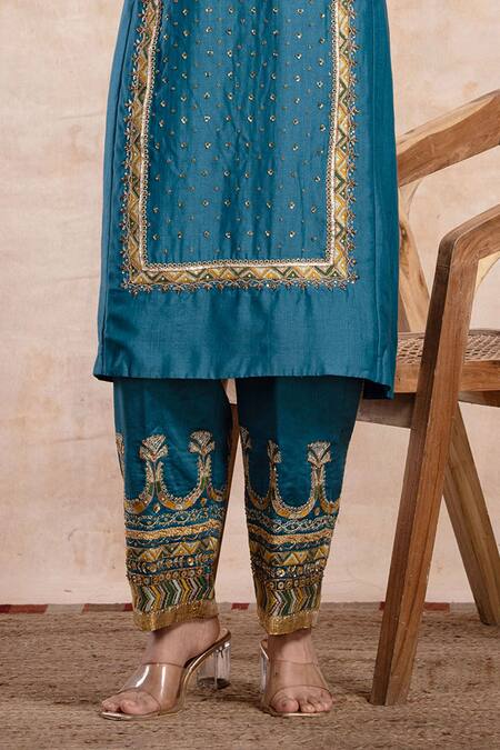 Saahiil Kapoor Blue Chanderi Silk, Organza Sequins, Zari Zeena Embroidered Choga Kurta Set Online at Aza Fashions Saahiil Kapoor_Blue Chanderi Silk, Organza Sequins, Zari Zeena Embroidered Choga Kurta Set _Online_at_Aza_Fashions