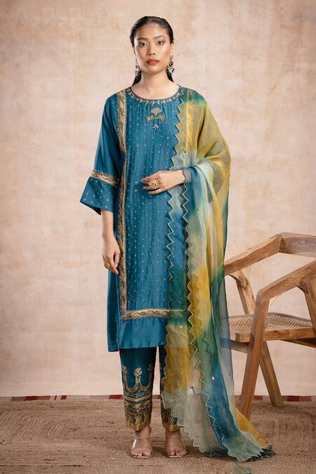 Shop Saahiil Kapoor Blue Chanderi Silk, Organza Sequins, Zari Zeena Embroidered Choga Kurta Set Online at Aza Fashions Shop_Saahiil Kapoor_Blue Chanderi Silk, Organza Sequins, Zari Zeena Embroidered Choga Kurta Set _Online_at_Aza_Fashions