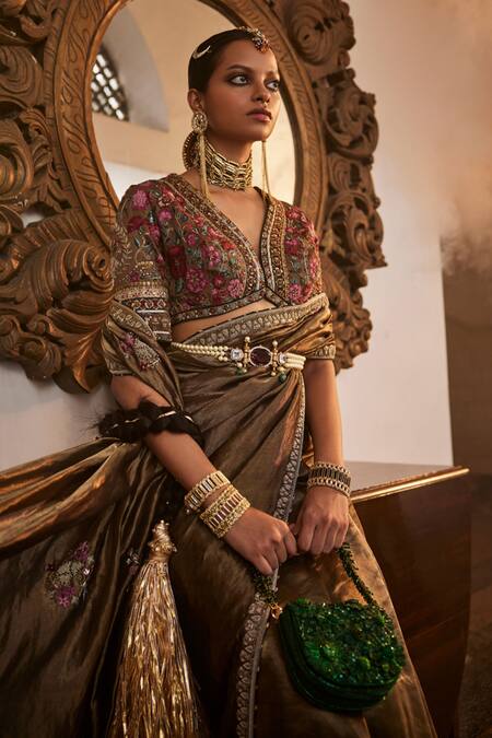 Saahiil Kapoor_Gold Crepe, Tissue, Silk Sequins, Zari, Cut Work, Zoya Saree With Floral Blouse _Online_at_Aza_Fashions