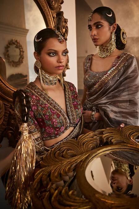 Buy_Saahiil Kapoor_Gold Crepe, Tissue, Silk Sequins, Zari, Cut Work, Zoya Saree With Floral Blouse _Online_at_Aza_Fashions