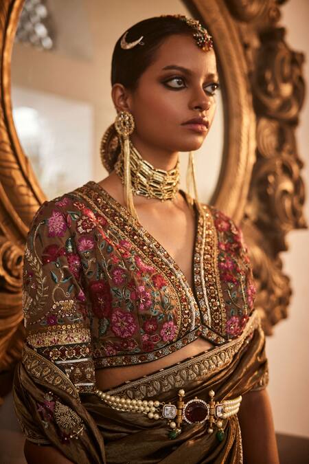 Shop_Saahiil Kapoor_Gold Crepe, Tissue, Silk Sequins, Zari, Cut Work, Zoya Saree With Floral Blouse _Online_at_Aza_Fashions