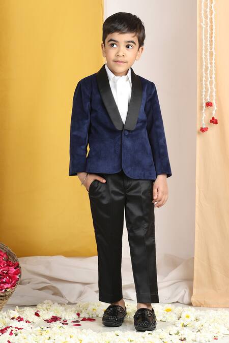 Shop_The Little Celebs_Blue Velvet, Cotton, Polyester Solid Shawl Collar Tuxedo Set _Online_at_Aza_Fashions