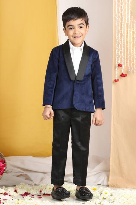 The Little Celebs_Blue Velvet, Cotton, Polyester Solid Shawl Collar Tuxedo Set _at_Aza_Fashions