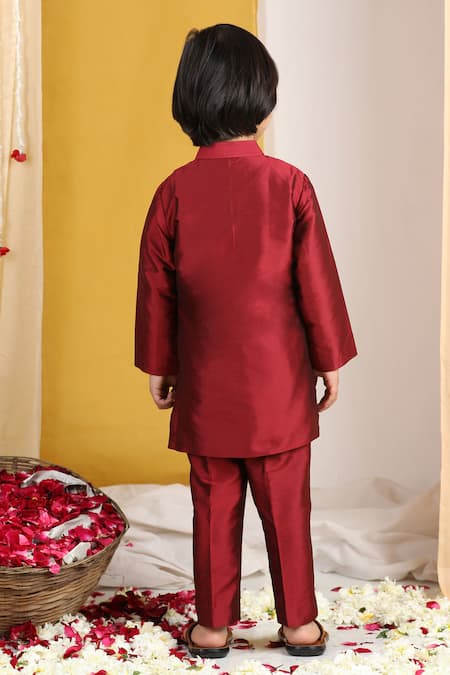 The Little Celebs Geometric Embroidered Maroon Kurta Set 