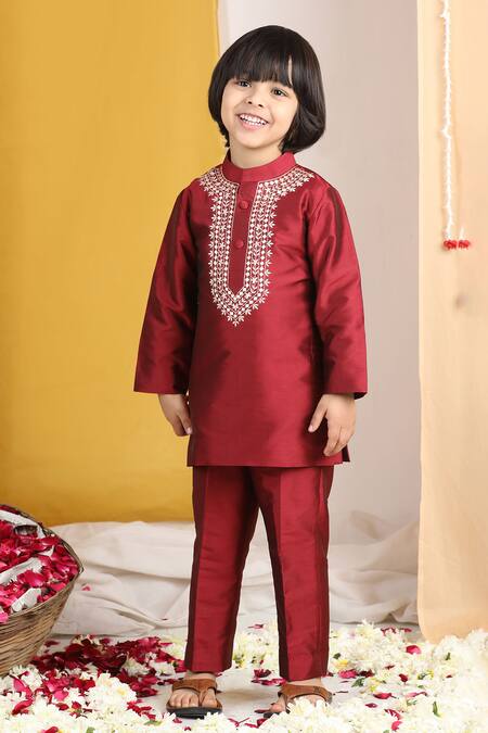 The Little Celebs_Maroon Silk, Crepe Embroidery Geometric Kurta Set _Online_at_Aza_Fashions