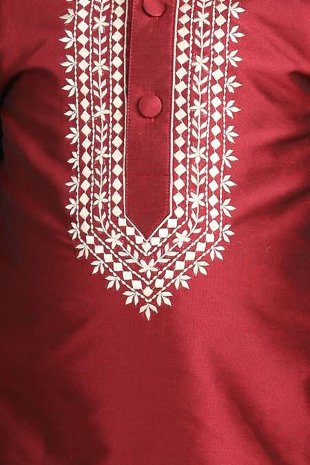 Shop_The Little Celebs_Maroon Silk, Crepe Embroidery Geometric Kurta Set _Online_at_Aza_Fashions