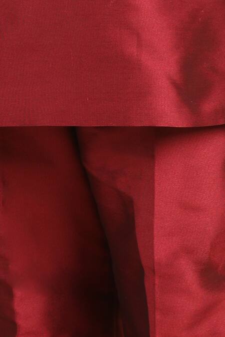 The Little Celebs_Maroon Silk, Crepe Embroidery Geometric Kurta Set _at_Aza_Fashions