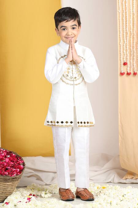 Buy_The Little Celebs_White Crepe, Silk Embroidery, Sequins Mandala Embellished Sherwani And Pant _Online_at_Aza_Fashions