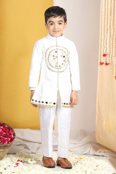 Shop_The Little Celebs_White Crepe, Silk Embroidery, Sequins Mandala Embellished Sherwani And Pant _Online_at_Aza_Fashions