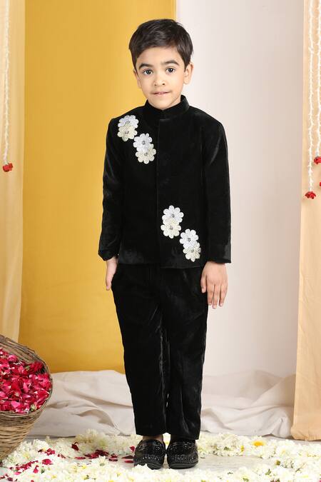 Buy_The Little Celebs_Black Velvet, Crepe Embroidery Floral Sherwani Set _Online_at_Aza_Fashions