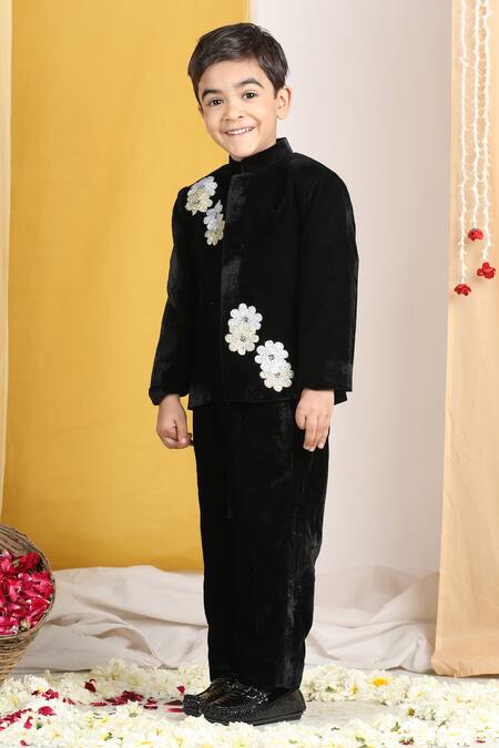 Shop_The Little Celebs_Black Velvet, Crepe Embroidery Floral Sherwani Set _Online_at_Aza_Fashions