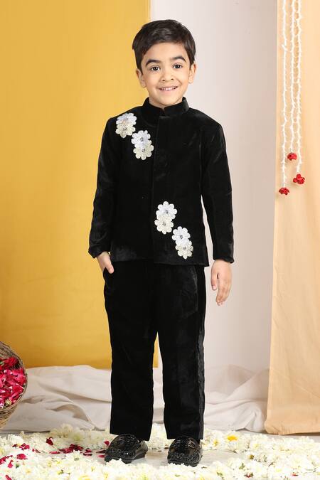 The Little Celebs_Black Velvet, Crepe Embroidery Floral Sherwani Set _at_Aza_Fashions