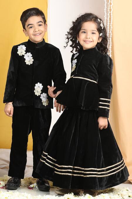 Shop_The Little Celebs_Black Velvet, Crepe Embroidery Floral Sherwani Set 