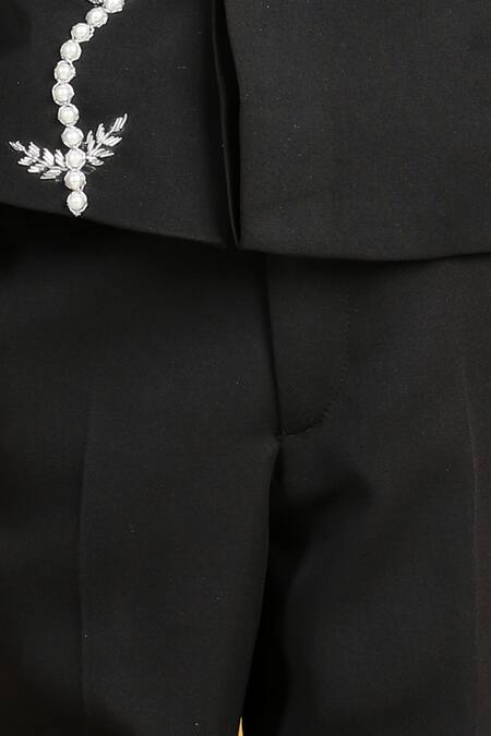 The Little Celebs_Black Crepe Applique, Pearls, Sequins Floral Sherwani Set _Online_at_Aza_Fashions