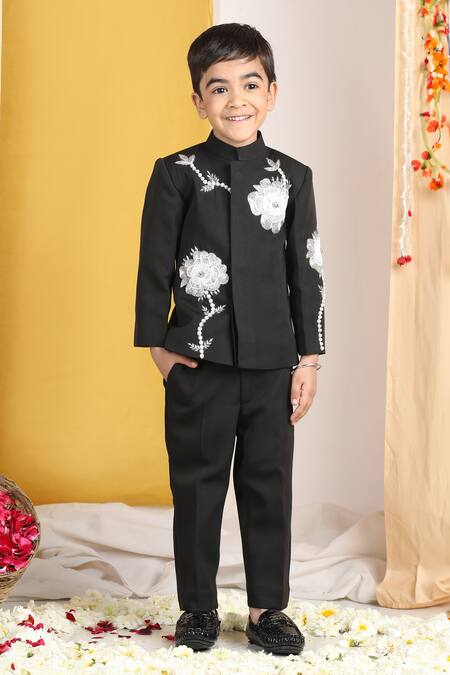 Buy_The Little Celebs_Black Crepe Applique, Pearls, Sequins Floral Sherwani Set _Online_at_Aza_Fashions