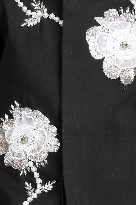 Shop_The Little Celebs_Black Crepe Applique, Pearls, Sequins Floral Sherwani Set _Online_at_Aza_Fashions