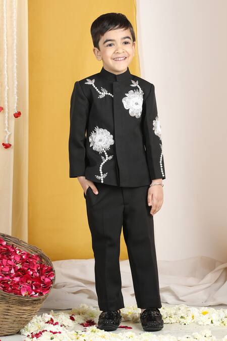 The Little Celebs_Black Crepe Applique, Pearls, Sequins Floral Sherwani Set _at_Aza_Fashions