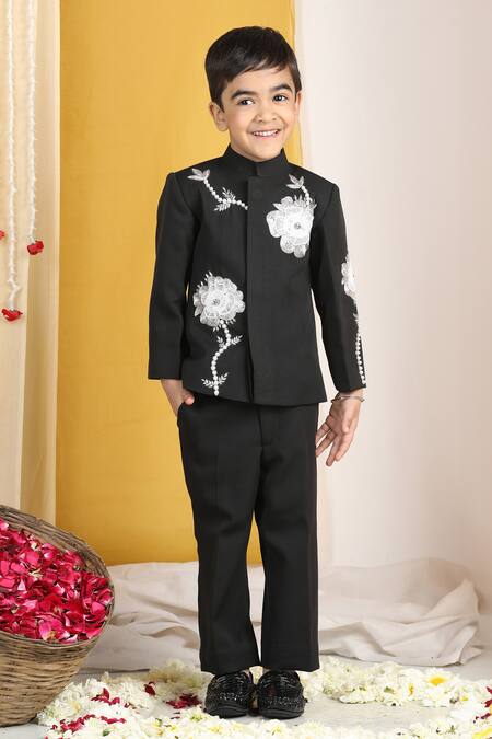 Buy_The Little Celebs_Black Crepe Applique, Pearls, Sequins Floral Sherwani Set 