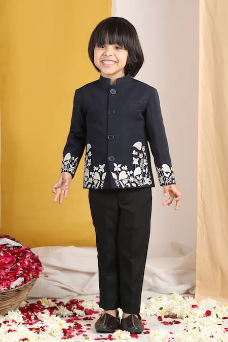 Shop_The Little Celebs_Black Crepe Embroidery Floral Vine Sherwani And Pant _Online_at_Aza_Fashions