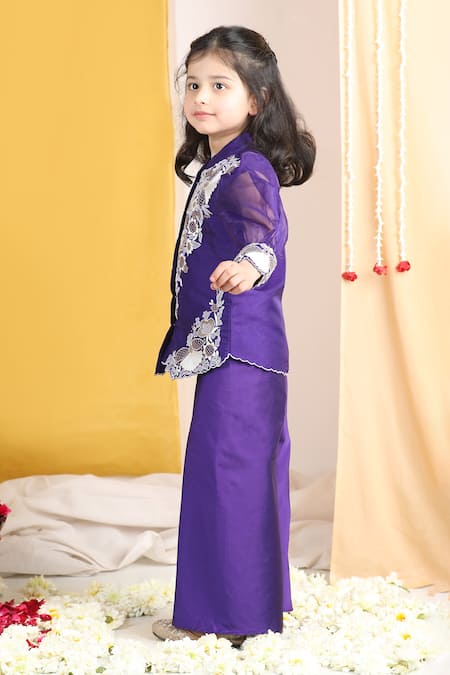 The Little Celebs_Purple Silk, Crepe Embroidery Floral Thread Palazzo Set _Online_at_Aza_Fashions