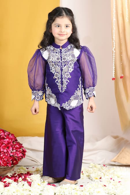 Buy_The Little Celebs_Purple Silk, Crepe Embroidery Floral Thread Palazzo Set _Online_at_Aza_Fashions