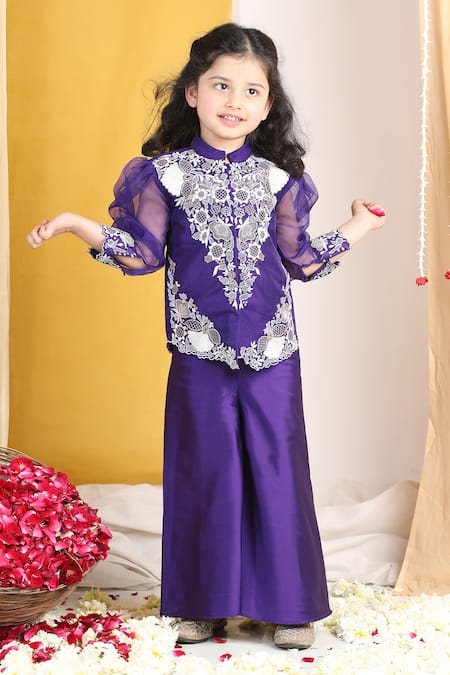 Shop_The Little Celebs_Purple Silk, Crepe Embroidery Floral Thread Palazzo Set _Online_at_Aza_Fashions