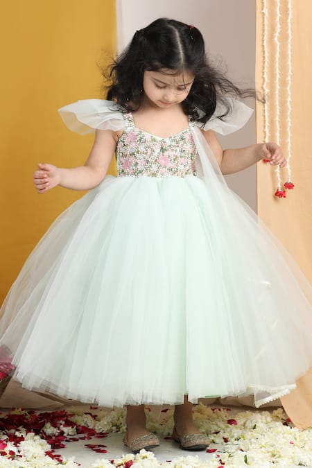 The Little Celebs_Green Net, Crepe Pearls, Sequins, Stones Mint Embellished Gown _Online_at_Aza_Fashions