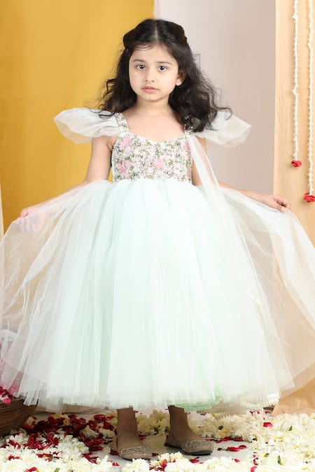 Buy_The Little Celebs_Green Net, Crepe Pearls, Sequins, Stones Mint Embellished Gown _Online_at_Aza_Fashions