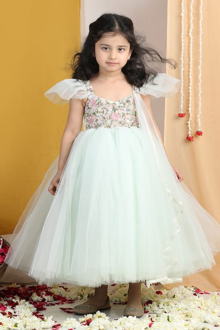 Shop_The Little Celebs_Green Net, Crepe Pearls, Sequins, Stones Mint Embellished Gown _Online_at_Aza_Fashions