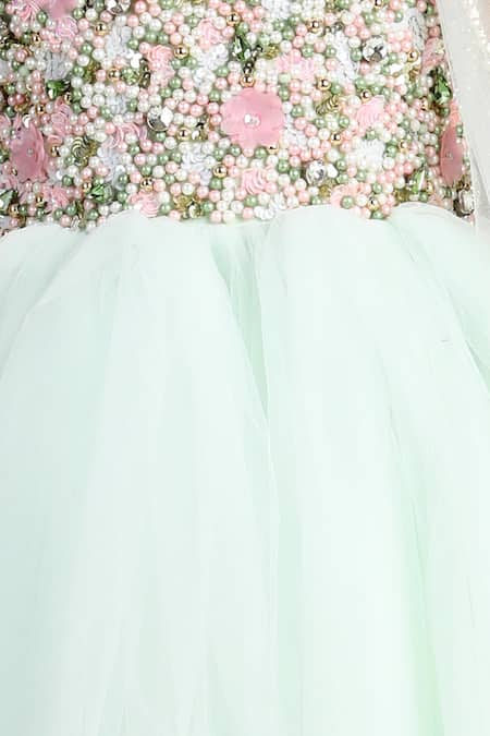 The Little Celebs_Green Net, Crepe Pearls, Sequins, Stones Mint Embellished Gown _at_Aza_Fashions