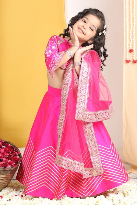 The Little Celebs_Pink Silk, Crepe, Net Gota Patti, Zari, Sequins Work Chevron Lehenga Set _Online_at_Aza_Fashions