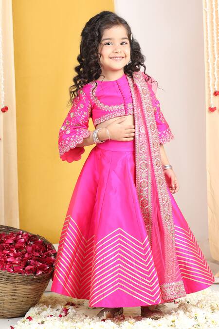 Buy_The Little Celebs_Pink Silk, Crepe, Net Gota Patti, Zari, Sequins Work Chevron Lehenga Set _Online_at_Aza_Fashions