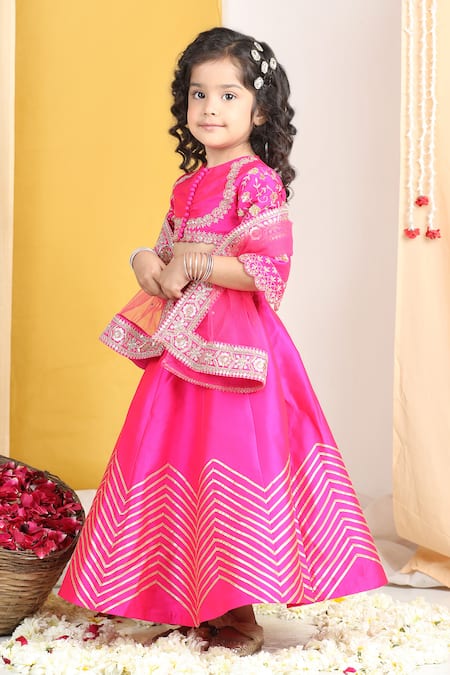 The Little Celebs_Pink Silk, Crepe, Net Gota Patti, Zari, Sequins Work Chevron Lehenga Set _at_Aza_Fashions