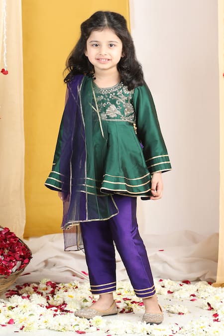 The Little Celebs_Blue Silk, Crepe Zari, Gota Patti, Sequins Embroidered Peplum Kurta Set _Online_at_Aza_Fashions