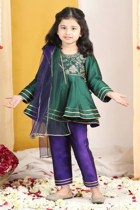 The Little Celebs_Blue Silk, Crepe Zari, Gota Patti, Sequins Embroidered Peplum Kurta Set _at_Aza_Fashions