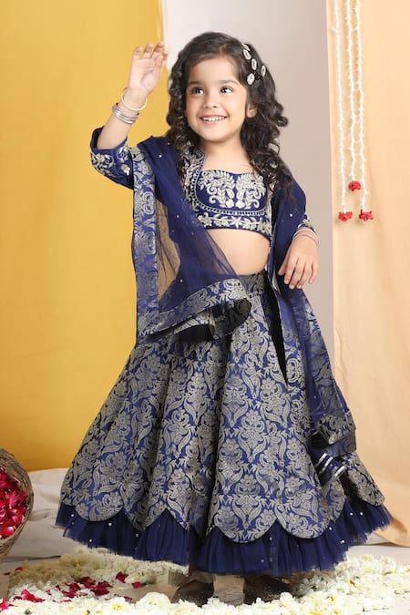 The Little Celebs_Blue Silk, Crepe, Net Zari, Sequins Floral Vine Scalloped Layered Lehenga Set _Online_at_Aza_Fashions