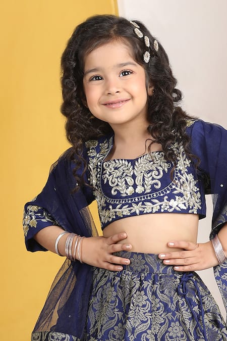 Buy_The Little Celebs_Blue Silk, Crepe, Net Zari, Sequins Floral Vine Scalloped Layered Lehenga Set _Online_at_Aza_Fashions