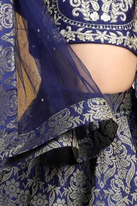 Shop_The Little Celebs_Blue Silk, Crepe, Net Zari, Sequins Floral Vine Scalloped Layered Lehenga Set _Online_at_Aza_Fashions