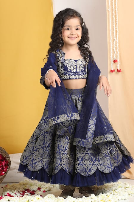 The Little Celebs_Blue Silk, Crepe, Net Zari, Sequins Floral Vine Scalloped Layered Lehenga Set _at_Aza_Fashions