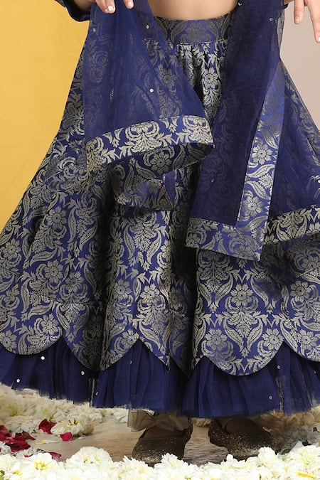Buy_The Little Celebs_Blue Silk, Crepe, Net Zari, Sequins Floral Vine Scalloped Layered Lehenga Set 